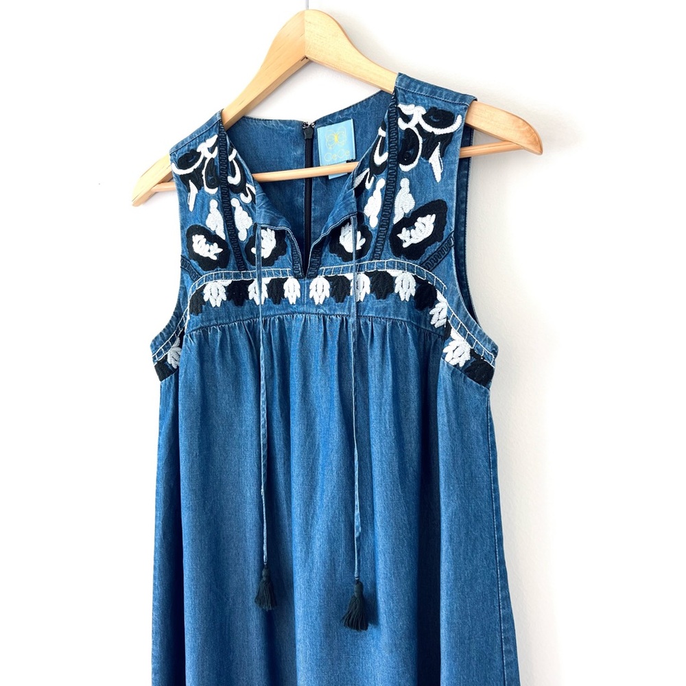 Cece 🌈 Embroidered Chambray Dottie Shift Dress in Caviar Denim - Picture 8 of 16